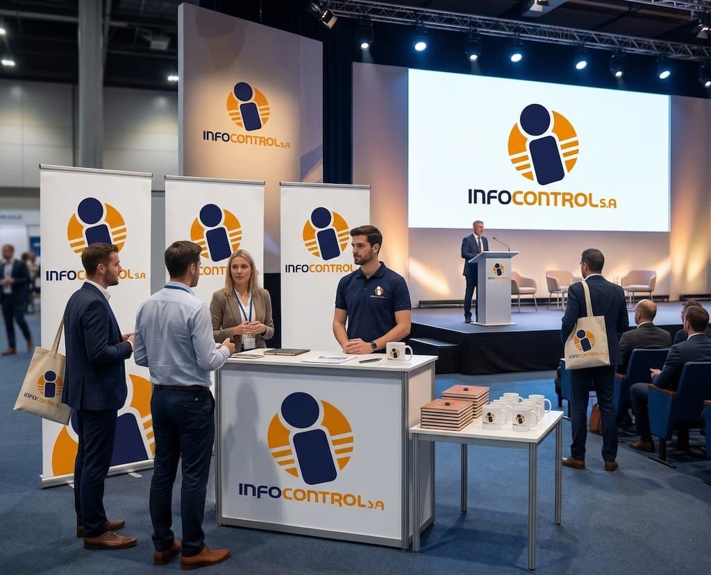 Stand de feria corporativo de Infocontrol con mostrador y pantalla de escenario
